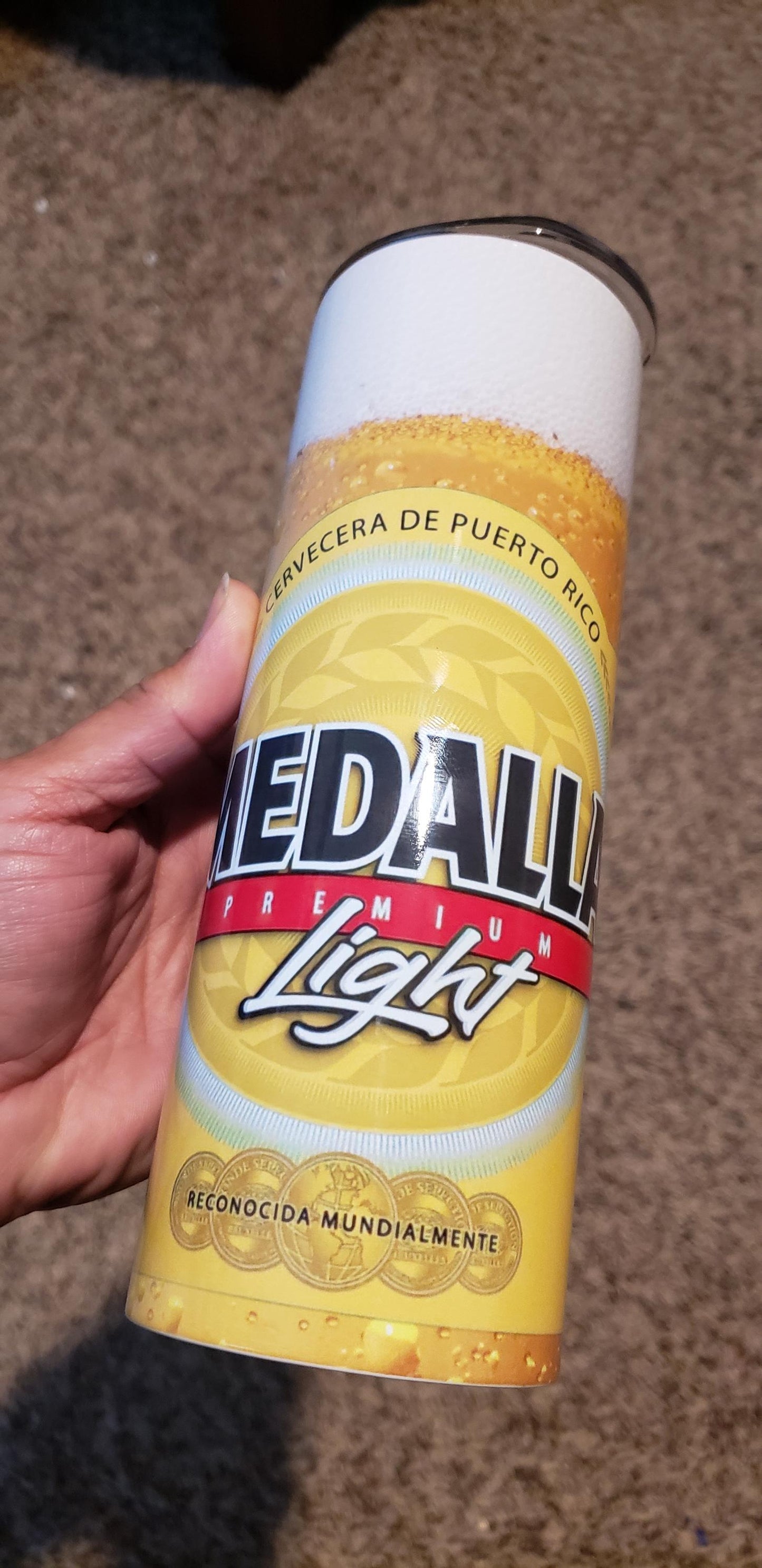 Custom Medalla Beer Tumbler: Puerto Rico Cerveza, 20 oz Skinny Tumbler