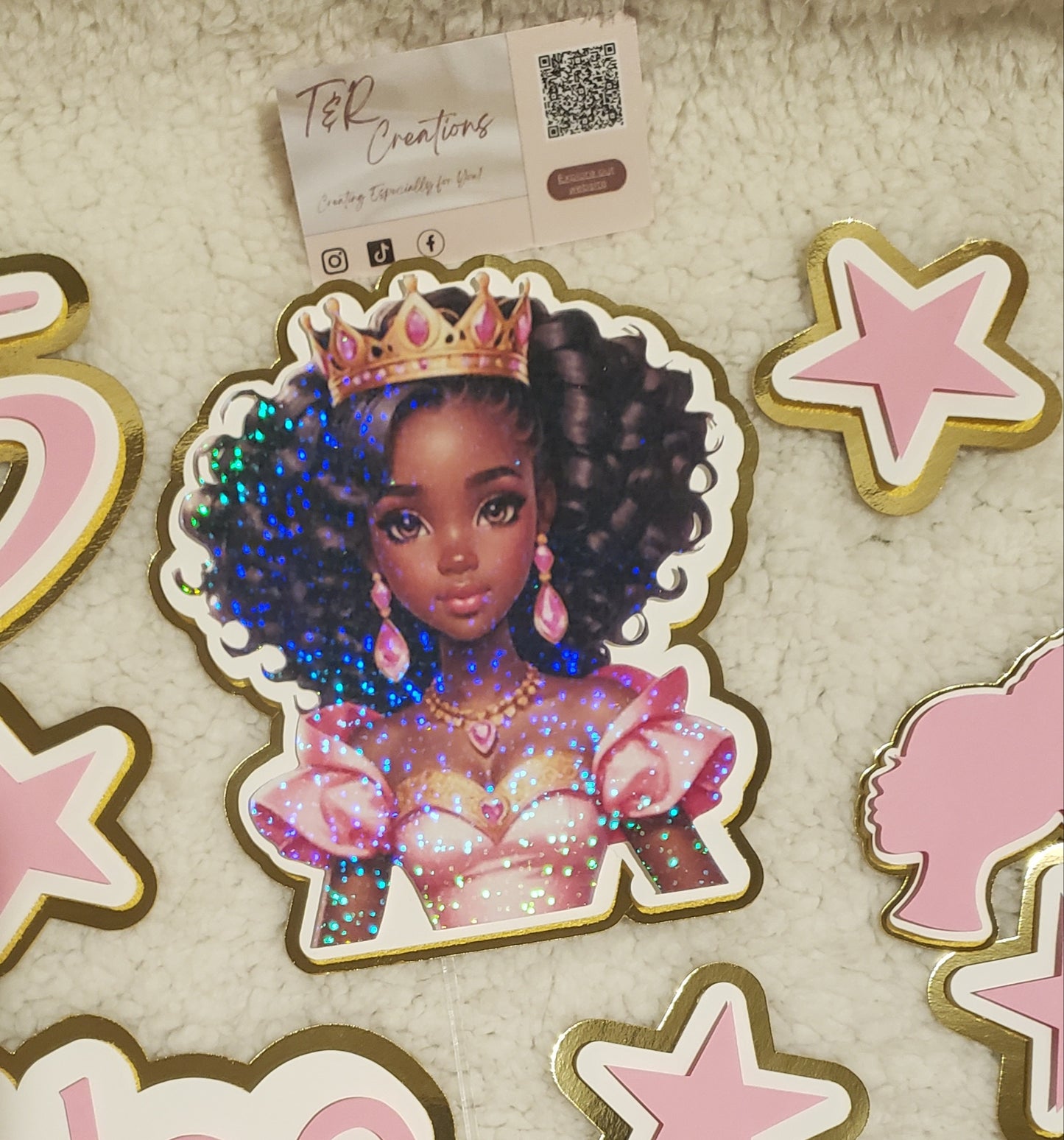 🎀 Personalized AfroAmerican Doll Cake Topper – Custom Name & Age | Elegant Birthday Decoration