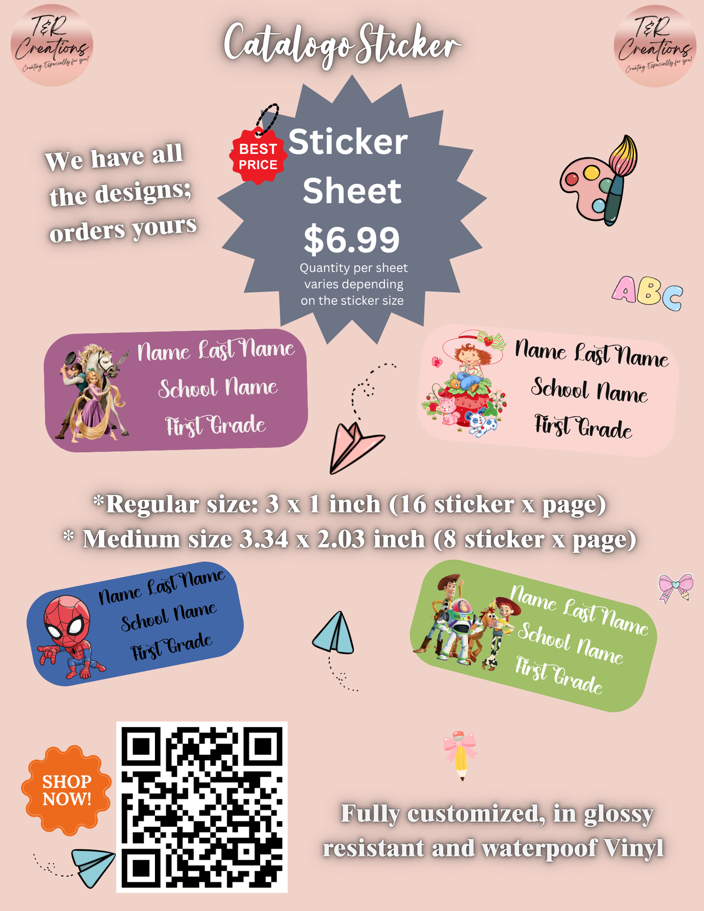 Magical Family Inspired/ Floral Doll Theme Custom Waterproof Stickers: Back to School Stickers
