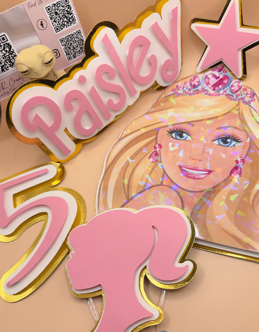Princess Doll Personalized Cake Topper – Custom Name | Pink Elegant Birthday Decoration