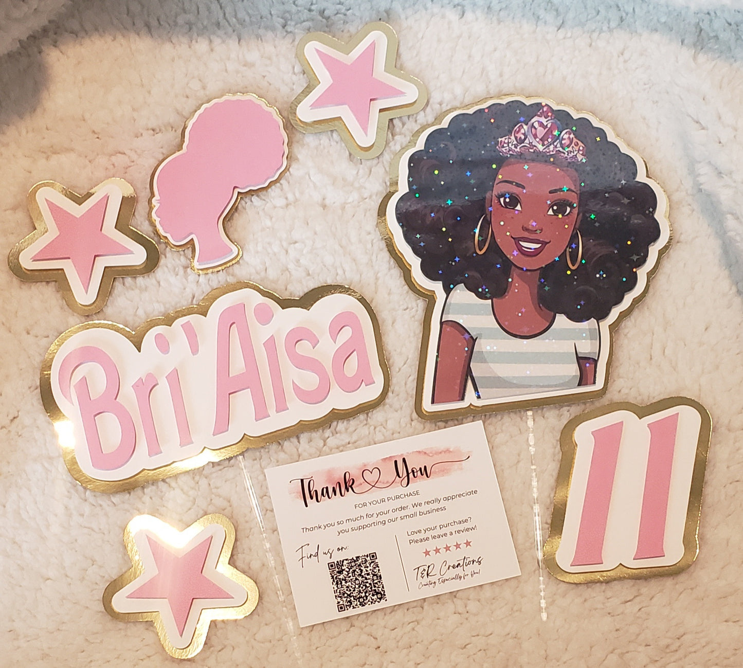 AfroAmerican Doll Personalized Cake Topper – Custom Name | Elegant Birthday Decoration
