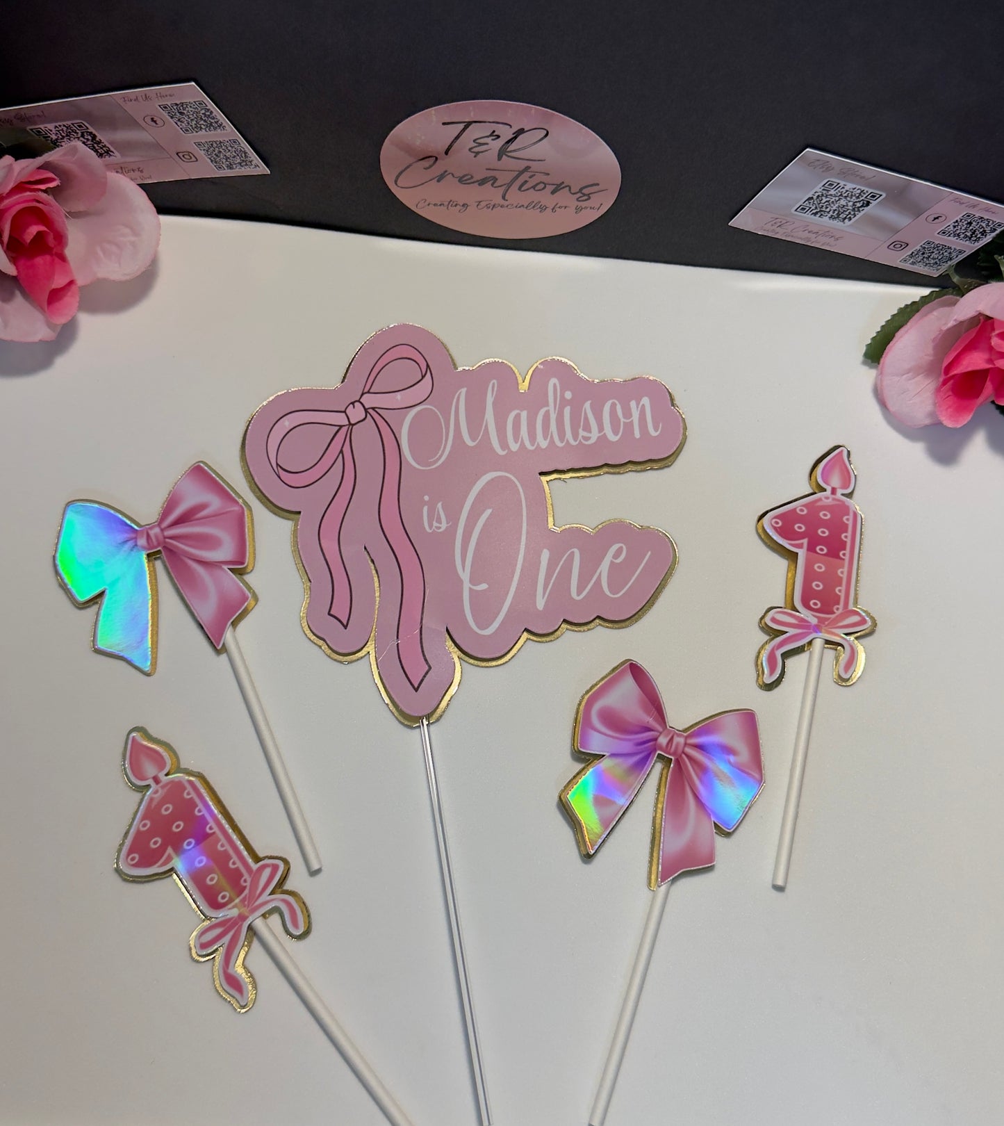 Coquette personalized Cake Topper – Custom Name | Pink Bow Birthday Decoration