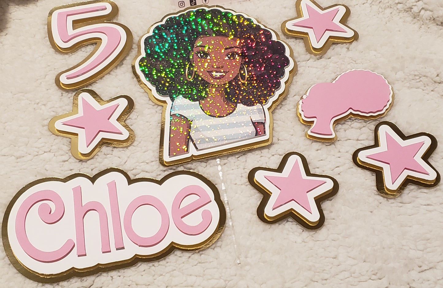 AfroAmerican Doll Personalized Cake Topper – Custom Name | Elegant Birthday Decoration