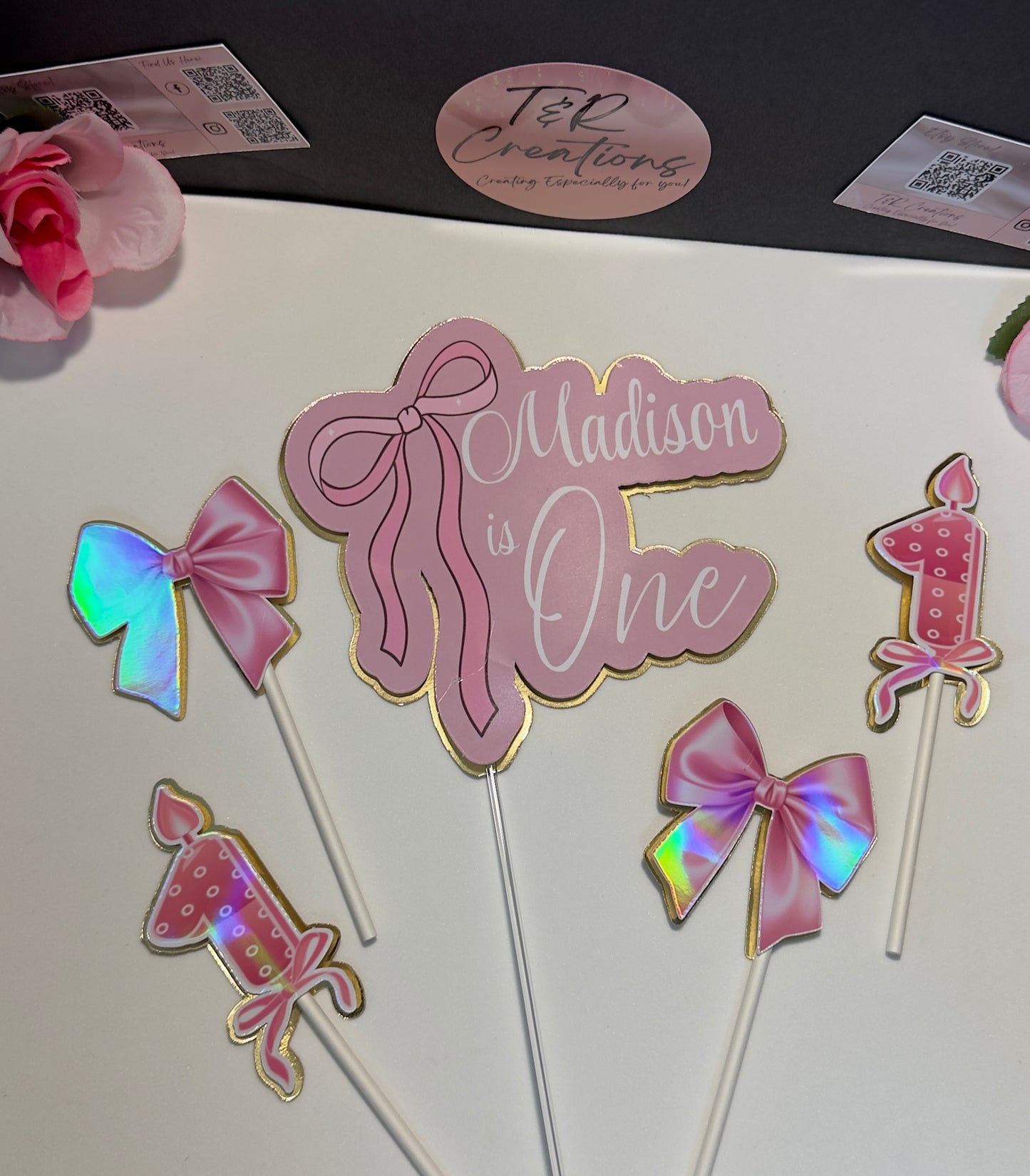 Coquette personalized Cake Topper – Custom Name | Pink Bow Birthday Decoration