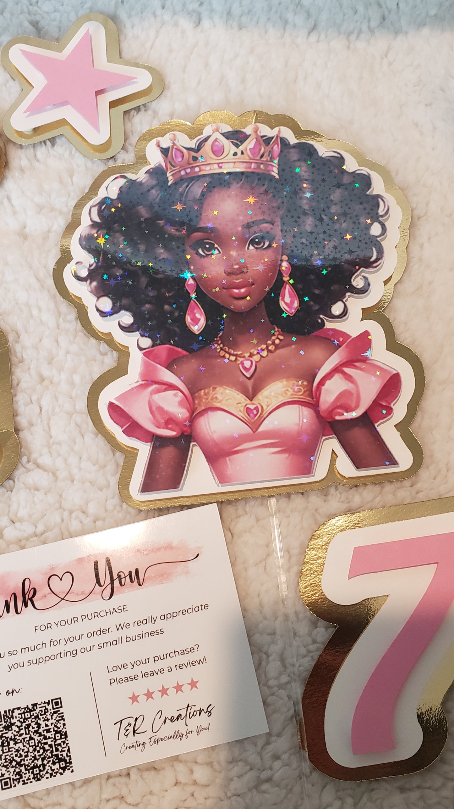 🎀 Personalized AfroAmerican Doll Cake Topper – Custom Name & Age | Elegant Birthday Decoration