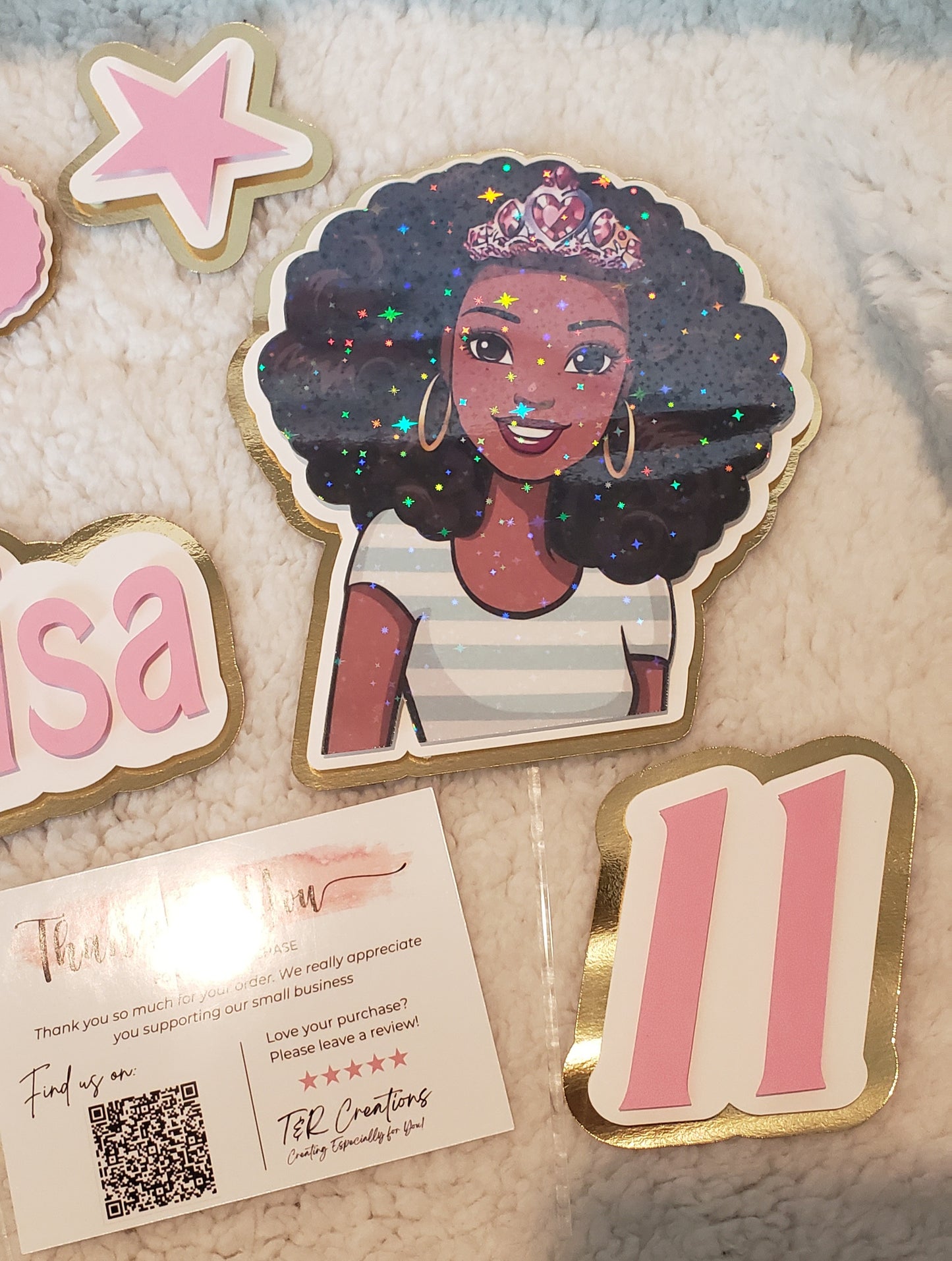 AfroAmerican Doll Personalized Cake Topper – Custom Name | Elegant Birthday Decoration