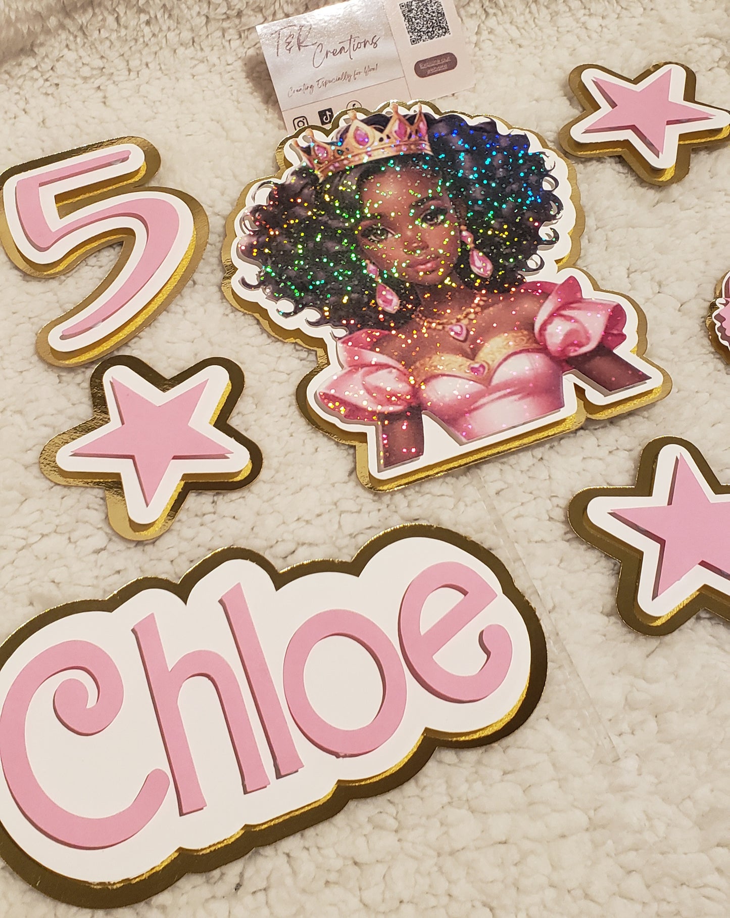 🎀 Personalized AfroAmerican Doll Cake Topper – Custom Name & Age | Elegant Birthday Decoration