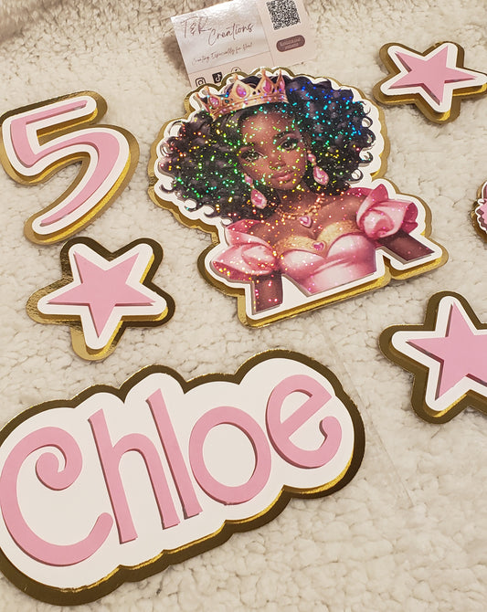 🎀 Personalized AfroAmerican Doll Cake Topper – Custom Name & Age | Elegant Birthday Decoration