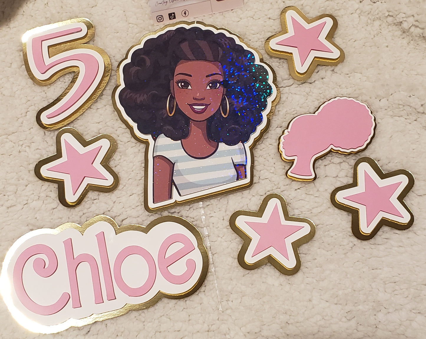 AfroAmerican Doll Personalized Cake Topper – Custom Name | Elegant Birthday Decoration