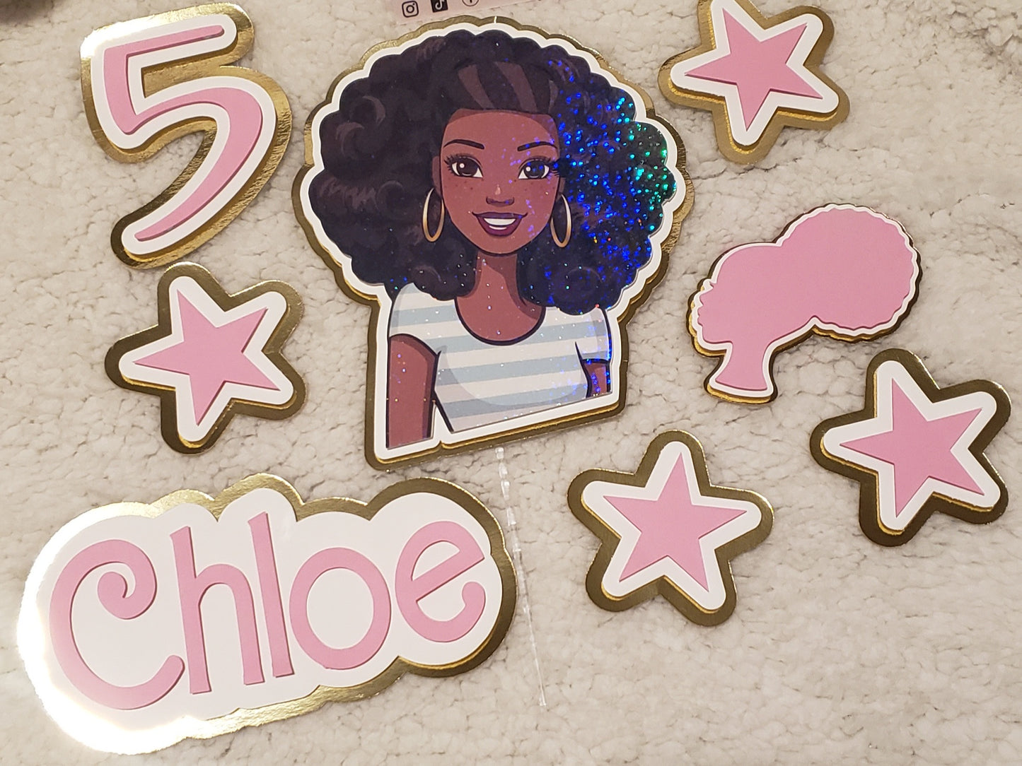 AfroAmerican Doll Personalized Cake Topper – Custom Name | Elegant Birthday Decoration
