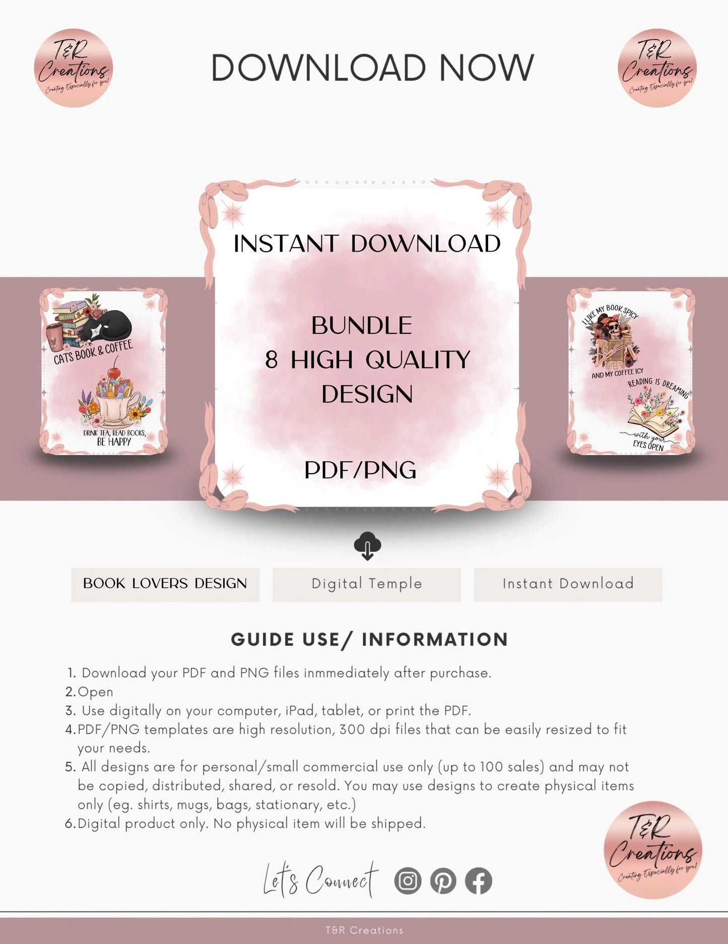 Book Lover Designs | 8 Bookish Quotes | PNG PDF 300 DPI | Reading Design | Instant Download | Small Business Bundle