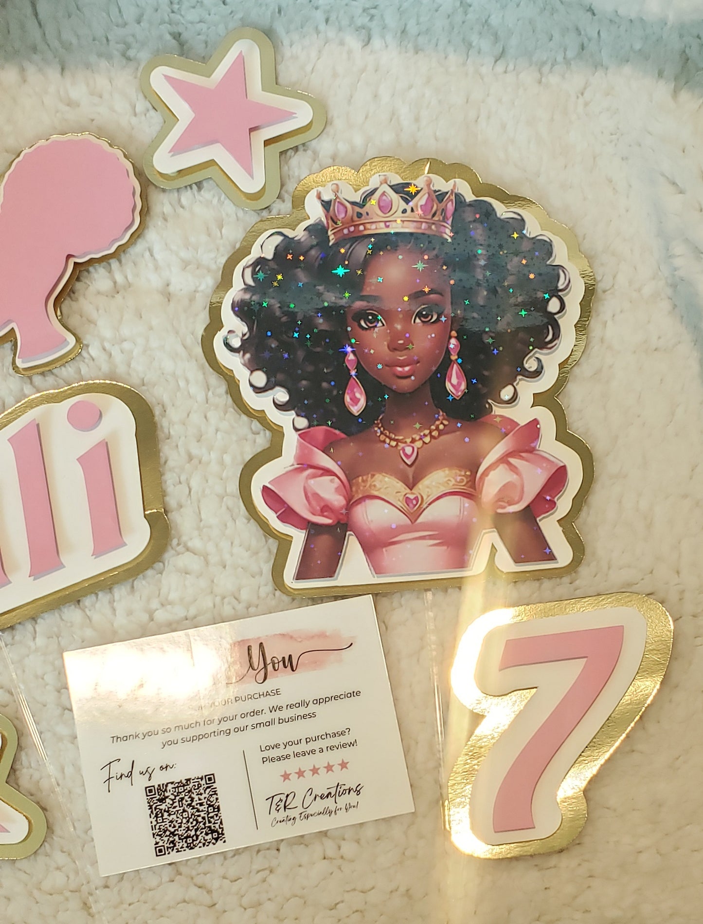 🎀 Personalized AfroAmerican Doll Cake Topper – Custom Name & Age | Elegant Birthday Decoration