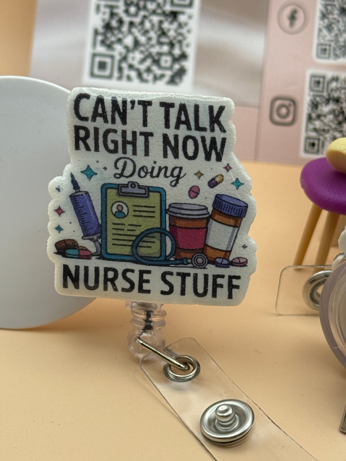 Nurse Stuff Funny Acrylic ID Badge Holder with Retractable Badge Reel | Custom Nurse Badge Holder | RN, LPN, CNA Gift