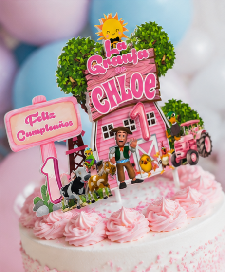 Pink Farm personalized Cake Topper – Custom Name | Farmer Birthday Decoration