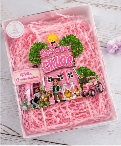 Pink Farm personalized Cake Topper – Custom Name | Farmer Birthday Decoration