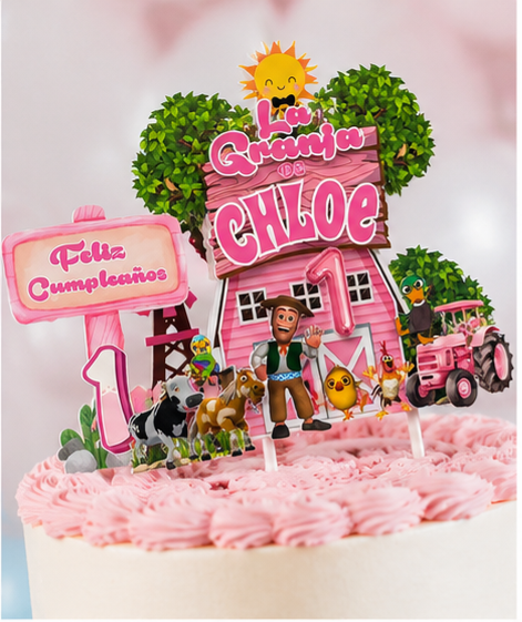 Pink Farm personalized Cake Topper – Custom Name | Farmer Birthday Decoration