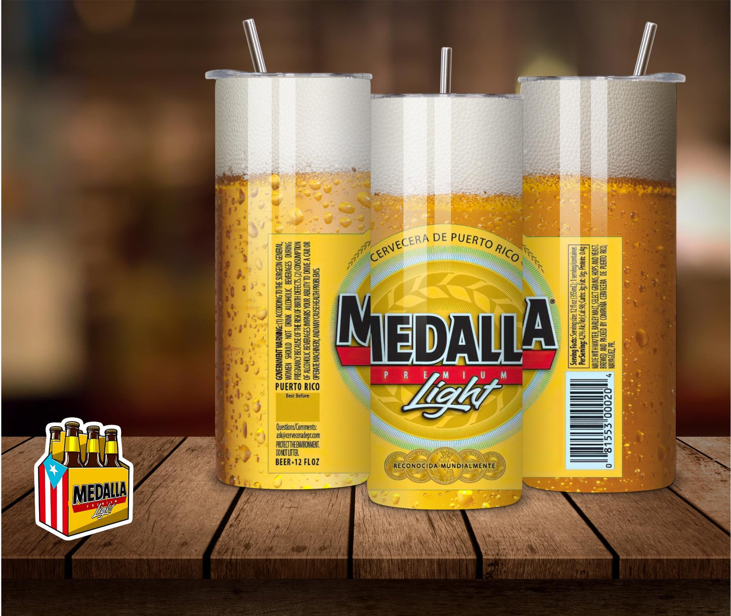 Custom Medalla Beer Tumbler: Puerto Rico Cerveza, 20 oz Skinny Tumbler