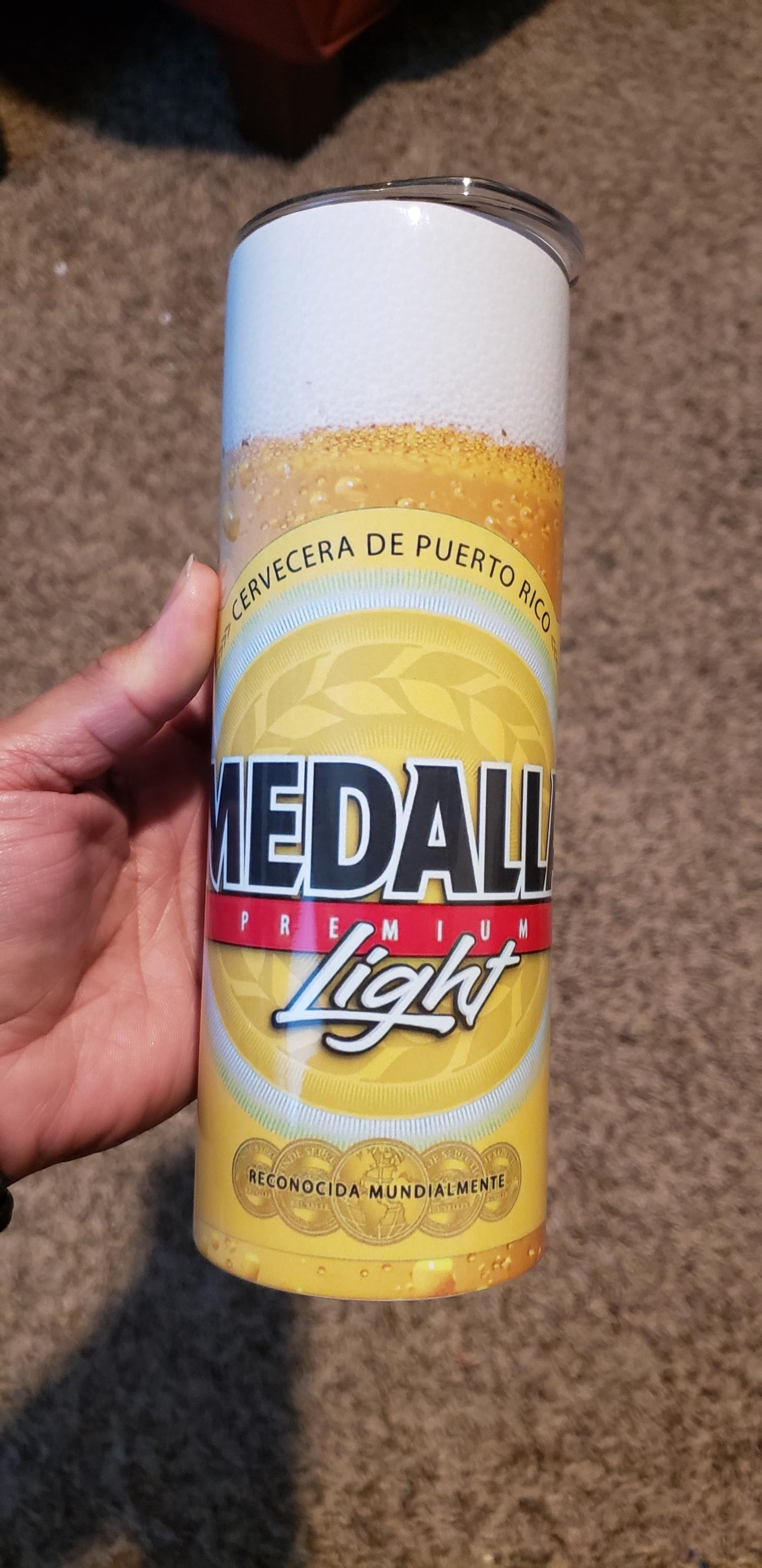 Custom Medalla Beer Tumbler: Puerto Rico Cerveza, 20 oz Skinny Tumbler
