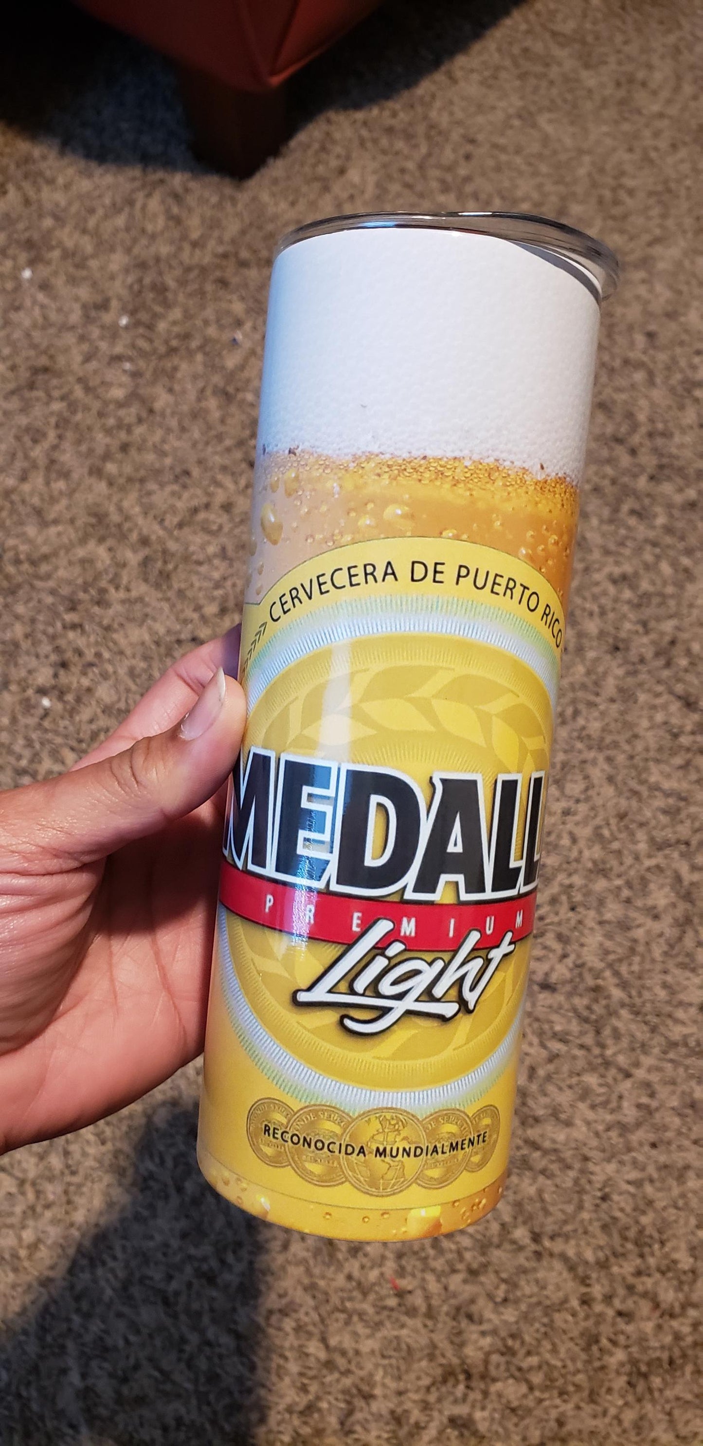 Custom Medalla Beer Tumbler: Puerto Rico Cerveza, 20 oz Skinny Tumbler