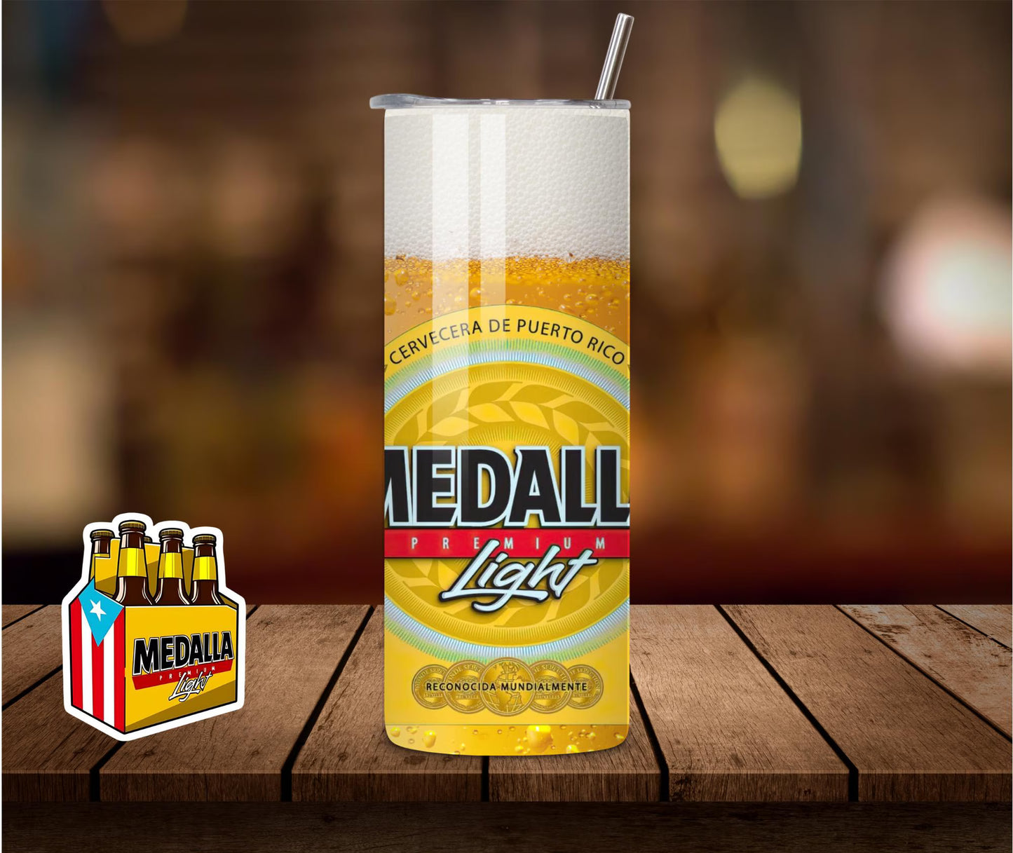Custom Medalla Beer Tumbler: Puerto Rico Cerveza, 20 oz Skinny Tumbler
