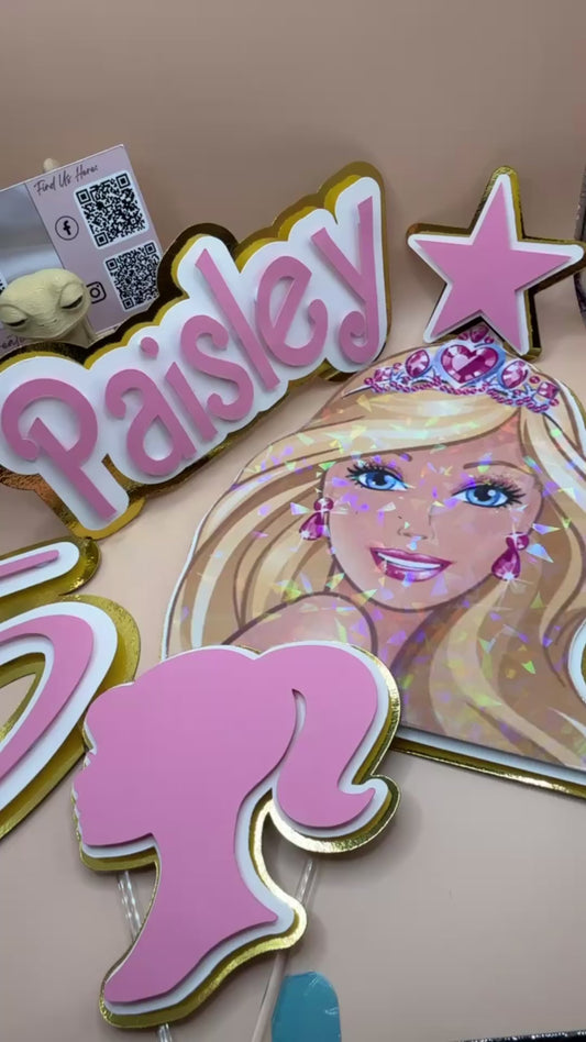 Princess Doll Personalized Cake Topper – Custom Name | Pink Elegant Birthday Decoration